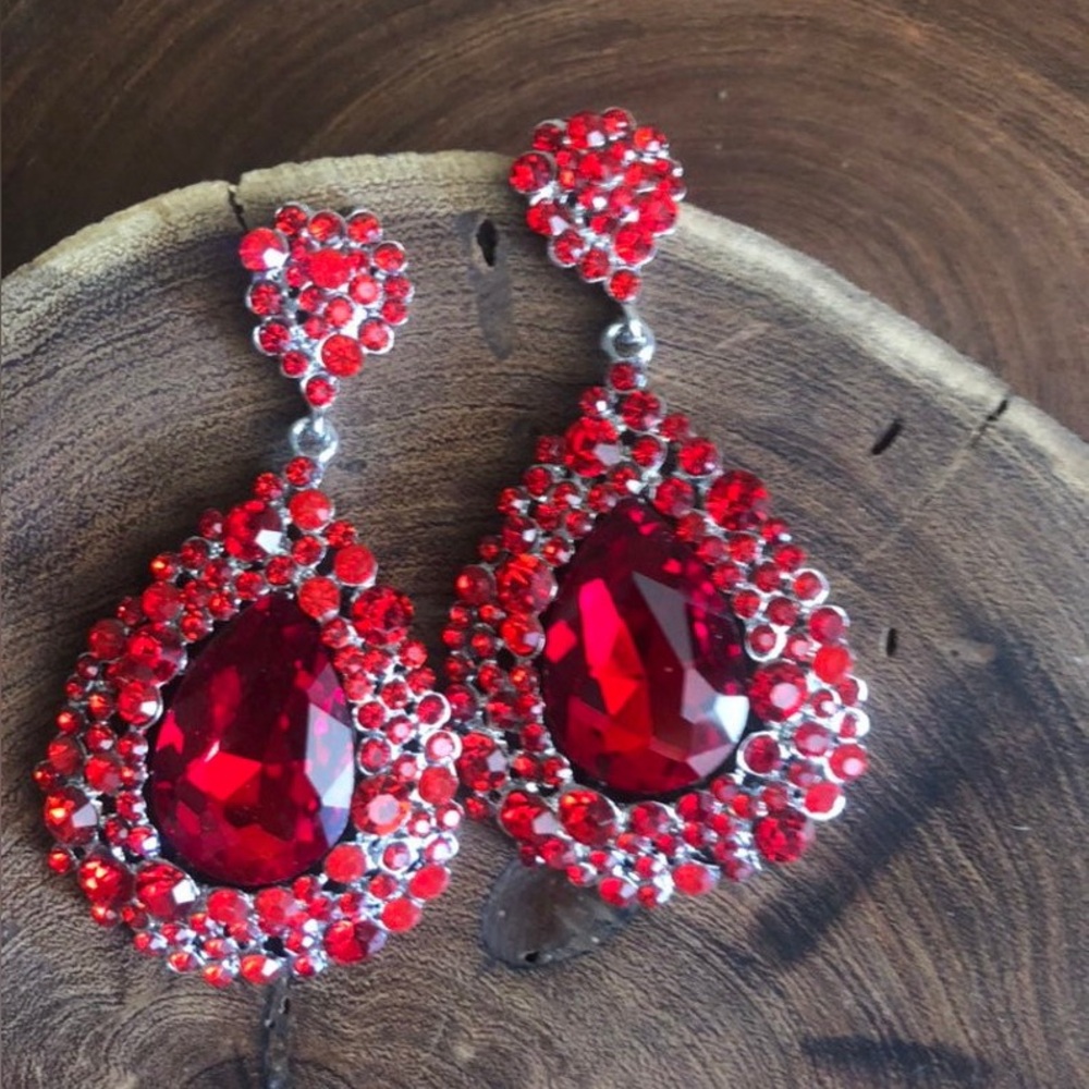 Elegant Red Teardrop Earrings Large Pageant Style Red Crystal’s Silver Hardware